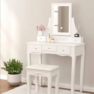 Vanity with LED Touch Light Mirror & Stool, White NEW FREE SHIPPING